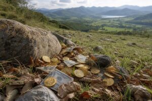 A realistic photograph capturing a serene, expansive landscape where golden coins and currency notes are subtly blending with natural elements like leaves and stones in the scenery. The setting features soft, natural lighting that highlights the texture and vividness of the currencies amidst a calm, lush field. This high-definition image should convey a sense of hidden wealth and discovery waiting to be uncovered in an everyday environment.