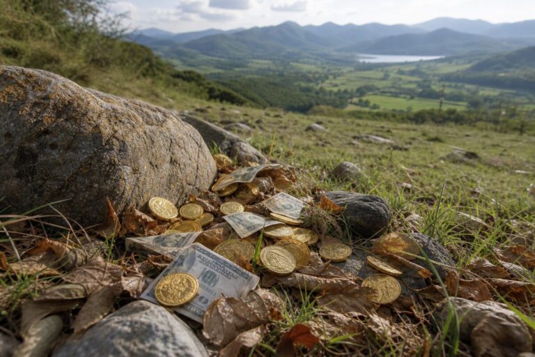 A realistic photograph capturing a serene, expansive landscape where golden coins and currency notes are subtly blending with natural elements like leaves and stones in the scenery. The setting features soft, natural lighting that highlights the texture and vividness of the currencies amidst a calm, lush field. This high-definition image should convey a sense of hidden wealth and discovery waiting to be uncovered in an everyday environment.