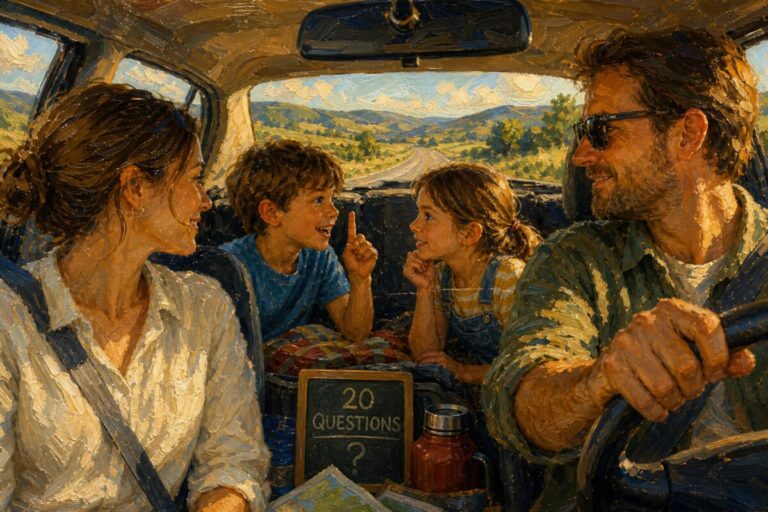 A painting depicting an engaging scene from a family road trip. Inside a cozy car, sunlight streams through the windows, casting warm, golden hues across the scene. In the back seat, two children animatedly play the classic "20 Questions" game, their expressions alight with curiosity and excitement. The lush, rolling countryside flows past the windows outside, portrayed with gentle brushstrokes, adding a sense of motion and discovery. This lively and heartwarming moment is captured with rich, textured brushwork, inviting viewers to feel the joy and intimacy of shared imagination. High definition.