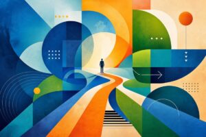 Image prompt: **An abstract graphic art piece composed of interlocking geometric shapes and gradient colors, symbolizing connectivity and diverse opportunities. Vibrant shades of blue, green, and orange blend seamlessly, forming a dynamic and harmonious composition. The use of various textures conveys a sense of structure and depth, resembling overlapping paths and intersections. The artwork exudes a sense of exploration and discovery, appealing to the spirit of guidance and support. Rendered in high definition, the abstract scene is visually captivating and thought-provoking.**