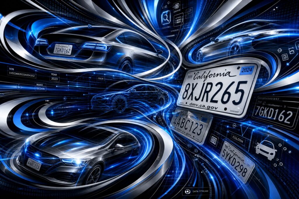 **Abstract Graphic Art** A dynamic composition of swirling, interlocking shapes representing car silhouettes and license plates. The forms are in constant motion, radiating energy and seamlessly blending into a network of vibrant lines and gradients, in shades of metallic silver, vibrant blues, and deep blacks. This high-definition artwork captures the intricate dance of data and movement, hinting at the complexity of a vehicle's information and the myriad processes involved in revealing it. The abstraction conveys a sense of connectivity and technological interplay, embodying the digital search for automotive details.