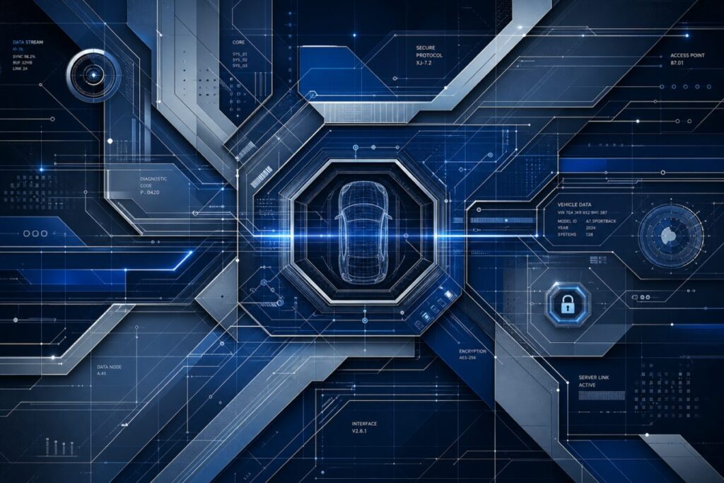 Abstract graphic art - Create an image featuring a complex network of interlocking geometric shapes, reminiscent of a digital blueprint or schematic. Use a palette of deep blues, grays, and metallic silvers to convey a sense of modernity and precision. Integrate subtle gradients to give depth and dimension, and include dynamic intersecting lines and circuits to suggest the flow of information and data. The composition should evoke the idea of a hidden, technological structure, representing the complex, layered nature of accessing detailed vehicle information. Render the image in high definition for sharpness and clarity.