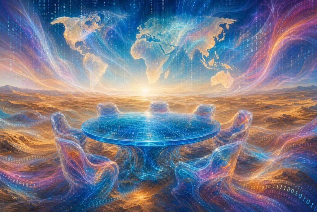 A painting featuring a panoramic, dreamlike scene of a round table made of shimmering blue glass standing in an endless digital desert landscape. The table is surrounded by surreal, flowing wisps of colorful digital “air,” blending hints of binary code with abstract, wavy forms. These wisps symbolize virtual connections, their translucency and vibrant colors creating an ethereal atmosphere. In the background, hints of abstracted, fading silhouettes of different continents emerge from the desert, representing global connectivity. Light dances across the scene as if softly illuminated by a gentle digital glow. High definition.
