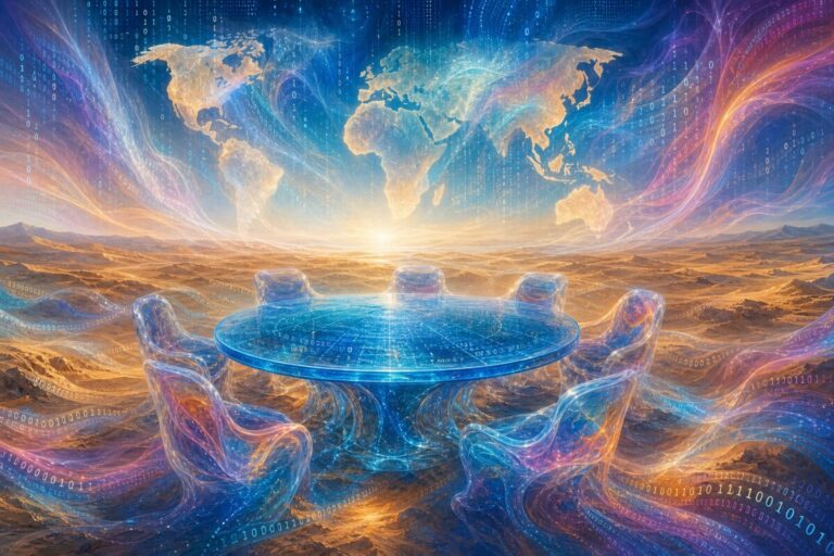 A painting featuring a panoramic, dreamlike scene of a round table made of shimmering blue glass standing in an endless digital desert landscape. The table is surrounded by surreal, flowing wisps of colorful digital “air,” blending hints of binary code with abstract, wavy forms. These wisps symbolize virtual connections, their translucency and vibrant colors creating an ethereal atmosphere. In the background, hints of abstracted, fading silhouettes of different continents emerge from the desert, representing global connectivity. Light dances across the scene as if softly illuminated by a gentle digital glow. High definition.