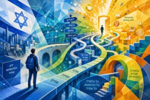 Imagine an abstract graphic art piece in high definition that captures the essence of opportunities, accessibility, and the bridging of financial divides for students in Israel. The image features a dynamic maze of colorful geometric shapes and flowing gradients, representing the complex structure of educational benefits. Intersecting lines in various shades of blue and green symbolize pathways and networks of aid, while yellow and orange splashes highlight the areas where resources burst forth, suggesting abundance and potential. The composition should have a sense of movement and flow, guiding the viewer's eye through a narrative of discovery and clarity amid a tapestry of interwoven shapes and colors.