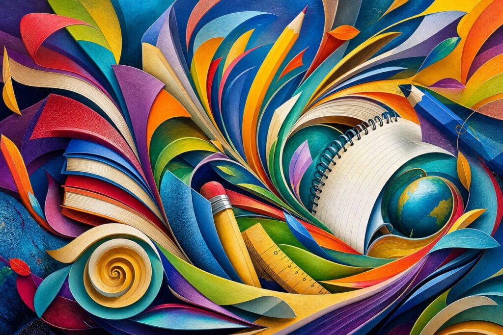 **Abstract graphic art** Design a vibrant and dynamic abstract image that evokes the excitement and anticipation of a new school year, without using any text. Create a composition of swirling shapes and patterns reminiscent of school supplies, such as book spines, pencil outlines, and notebook edges. Use a palette of rich and diverse colors to reflect the diversity of school subjects and the different paths of educational journeys. Incorporate textures that suggest the tactile feeling of paper and fabric. The image should convey a sense of movement and possibility, as if school supplies are dancing in a joyful, synchronized harmony. Render this in high definition to capture every gradient and texture detail vividly.
