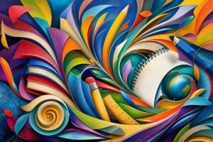 **Abstract graphic art** Design a vibrant and dynamic abstract image that evokes the excitement and anticipation of a new school year, without using any text. Create a composition of swirling shapes and patterns reminiscent of school supplies, such as book spines, pencil outlines, and notebook edges. Use a palette of rich and diverse colors to reflect the diversity of school subjects and the different paths of educational journeys. Incorporate textures that suggest the tactile feeling of paper and fabric. The image should convey a sense of movement and possibility, as if school supplies are dancing in a joyful, synchronized harmony. Render this in high definition to capture every gradient and texture detail vividly.