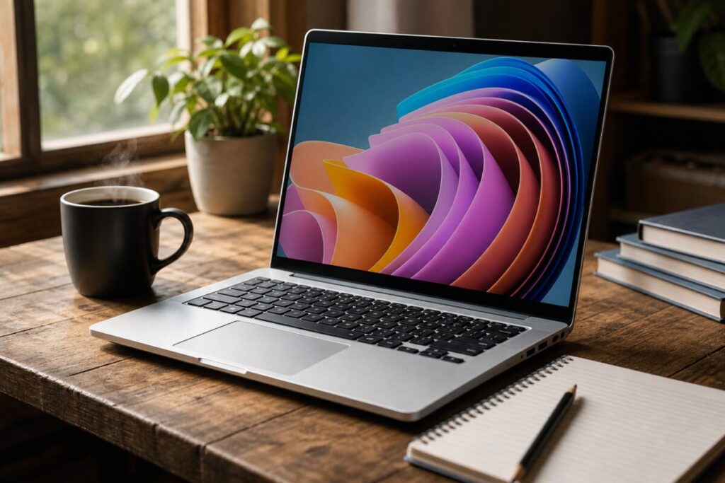 A realistic photograph — Capture a high-definition close-up of a silver laptop on a rustic wooden desk. The laptop screen displays a vibrant, colorful desktop wallpaper without any icons or text. Soft, natural daylight filters through a nearby window, casting gentle shadows on the desk. Nearby, a steaming cup of coffee suggests attention and focus, while a pencil and notepad lie beside the laptop, hinting at student life and study. The scene evokes a sense of potential and opportunity, suitable for a blog about obtaining Windows for students.