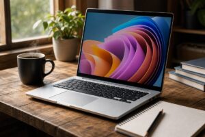 A realistic photograph — Capture a high-definition close-up of a silver laptop on a rustic wooden desk. The laptop screen displays a vibrant, colorful desktop wallpaper without any icons or text. Soft, natural daylight filters through a nearby window, casting gentle shadows on the desk. Nearby, a steaming cup of coffee suggests attention and focus, while a pencil and notepad lie beside the laptop, hinting at student life and study. The scene evokes a sense of potential and opportunity, suitable for a blog about obtaining Windows for students.