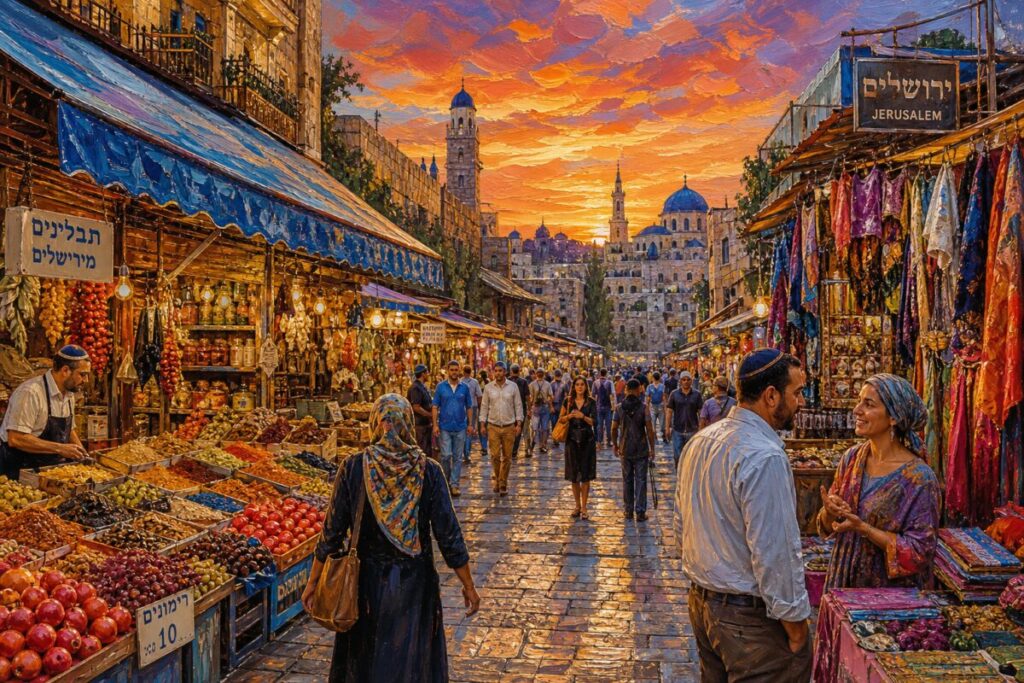 A painting of a vibrant market street scene in an Israeli city at sunset. The sky is a tapestry of rich oranges and purples, casting a warm glow over the bustling marketplace. Market stalls line the street, brimming with colorful produce, spices, and textiles. People of diverse backgrounds wander through, engaged in lively interaction. Visible brushstrokes reflect the dynamic energy of the scene, blending realism with artistic interpretation. High definition, capturing the vivid details of the market's textures and colors, inviting the viewer into the heart of the bazaar.