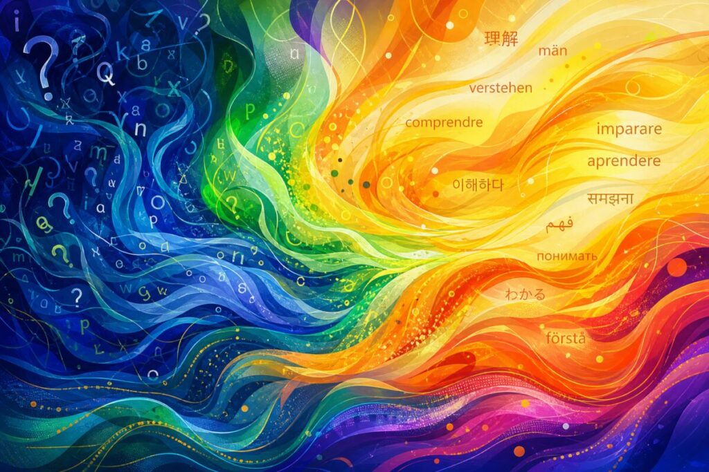 **Abstract graphic art** — Visualize a dynamic, flowing composition of interlocking shapes and vibrant gradients symbolizing the flow and connection of language learning. Incorporate layers of diverse colors subtly transitioning from soothing blues and greens to energizing oranges and yellows, highlighting the journey from confusion to understanding. Add swirling textures that mimic the movement and exploration inherent in learning new words. Capture the essence of discovery and growth, creating a lively, engaging visual expression without depicting specific objects. High definition.