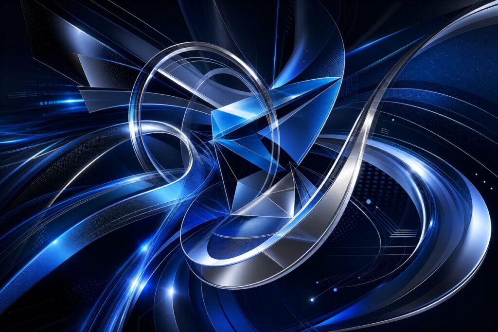 Shimmering geometric shapes in shades of blue and silver, dynamically swirling and intertwining against a deep, midnight background. The image should evoke the complexities and intricacies of modern technology and design, with sharp angles and soft curves creating a sense of movement and connection. Use gradients and reflections to enhance depth and dimension, emphasizing a high-tech, innovative aesthetic. Create this image in high definition, capturing the elegance and elegance of abstract art.