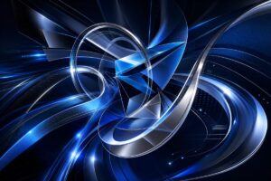 Shimmering geometric shapes in shades of blue and silver, dynamically swirling and intertwining against a deep, midnight background. The image should evoke the complexities and intricacies of modern technology and design, with sharp angles and soft curves creating a sense of movement and connection. Use gradients and reflections to enhance depth and dimension, emphasizing a high-tech, innovative aesthetic. Create this image in high definition, capturing the elegance and elegance of abstract art.