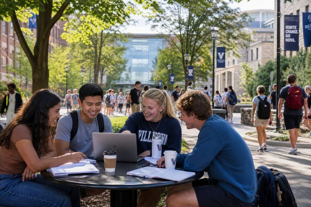 A realistic photograph of a vibrant university campus bustling with students. Capture the scene in high definition, showing sunlight filtering through tree leaves, casting intricate shadows on the ground. In the foreground, focus on a group of students gathered around a shared laptop, discussing animatedly, with open notebooks, coffee cups, and a sense of excitement about the new semester. The background should show the university buildings, hinting at a mix of traditional and modern architecture, with students walking to class in the distance, conveying a dynamic and lively academic environment.