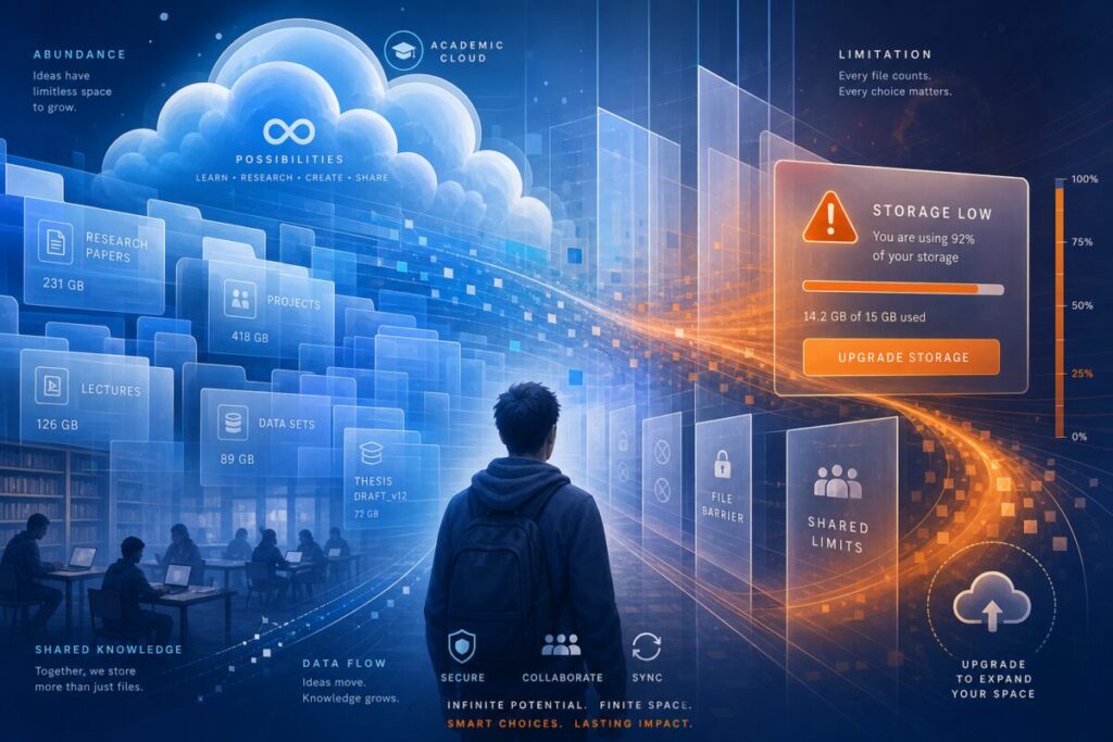 Create an abstract graphic art piece in high definition that visually represents the concept of digital storage in the academic world, with a focus on the duality of abundance and limitation. Use overlapping translucent shapes to depict layers akin to digital file barriers, with various shades of blue and white symbolizing digital clouds. Integrate subtle hints of vibrant orange to introduce the notion of alertness and urgency, reflecting the transition students face when storage runs low. Include gradients to suggest depth and the abstract essence of data flow within shared spaces.
