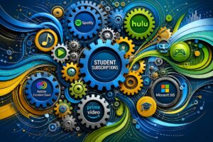 **Abstract graphic art**: A dynamic and intricate composition of interlocking gears and cogs, representing the interconnectivity and complexity of student digital subscriptions. Bright, energetic colors like blues, yellows, and greens swirl around the gears, symbolizing the vibrant opportunities in music, streaming, and software services. The image is filled with flowing lines and overlapping circles that evoke a sense of motion and constant change, reflecting the ever-evolving nature of digital offers. High definition textures give depth and a tactile feel, creating a captivating visual metaphor for the blog post's theme.