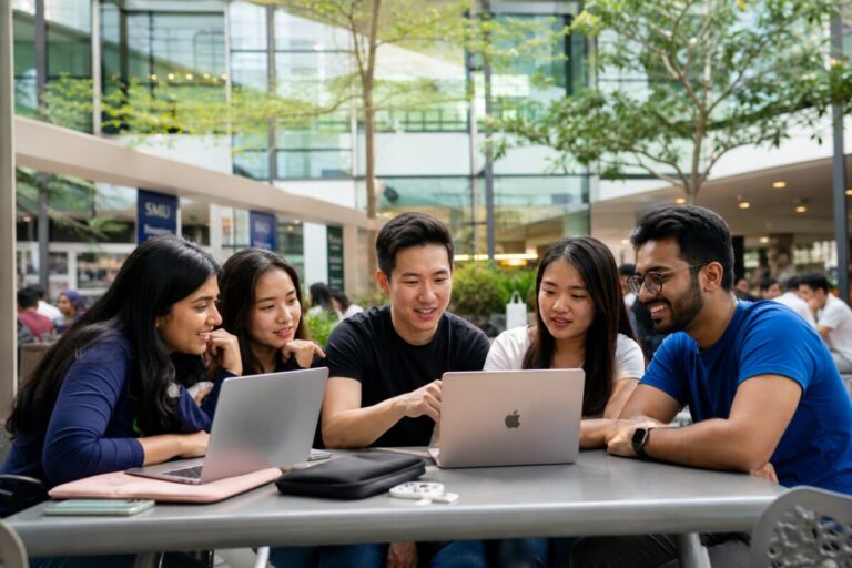 A realistic photograph — capture the essence of a modern college campus bustling with diverse students exploring technology. Picture a sunlit scene with students gathered around laptops in an outdoor communal space. Include a variety of cultural backgrounds and ages to reflect a global student body. Focus on natural interactions and genuine expressions of curiosity and collaboration. The photo should showcase contemporary academic life, with high-definition clarity in the details of the students' attire, the sleek design of the devices, and the lush greenery of the campus environment.