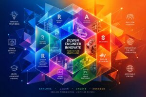 Abstract graphic art — a vibrant, interconnected network of colorful geometric shapes and gradients, symbolizing the dynamic interplay and accessibility of design and engineering software for students. Imagine a kaleidoscope of overlapping, translucent polygons representing diversity in applications, glowing with ethereal light and subtle shadows, set against a smooth gradient background that transitions gracefully from deep blue to bright orange. Render the image in high definition, creating a visually striking cover that captures the essence of opportunity and innovation.