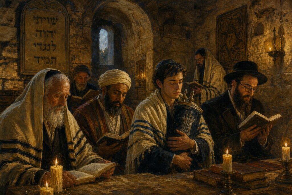 A painting of an ancient, rustic synagogue dimly lit by flickering candles. The focus is on a small group of diverse figures gathering for prayer in the early hours before dawn. Their faces are serene and introspective, highlighting the unity in diversity across Jewish traditions. Visible brushstrokes create a sense of reverence and timelessness. The shadows from the candles dance across the stone walls, evoking a feeling of historic continuity and spiritual depth. Create this scene in high definition, capturing the rich texture of the stone and the warm glow of the candlelight.