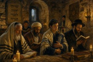 A painting of an ancient, rustic synagogue dimly lit by flickering candles. The focus is on a small group of diverse figures gathering for prayer in the early hours before dawn. Their faces are serene and introspective, highlighting the unity in diversity across Jewish traditions. Visible brushstrokes create a sense of reverence and timelessness. The shadows from the candles dance across the stone walls, evoking a feeling of historic continuity and spiritual depth. Create this scene in high definition, capturing the rich texture of the stone and the warm glow of the candlelight.