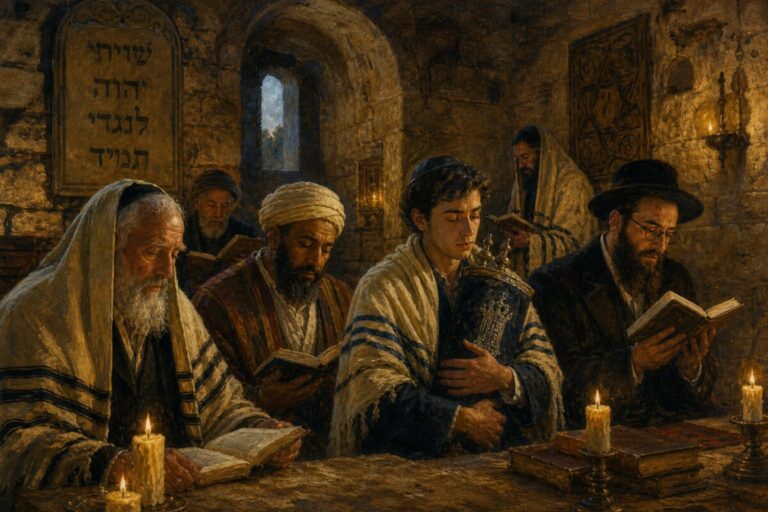 A painting of an ancient, rustic synagogue dimly lit by flickering candles. The focus is on a small group of diverse figures gathering for prayer in the early hours before dawn. Their faces are serene and introspective, highlighting the unity in diversity across Jewish traditions. Visible brushstrokes create a sense of reverence and timelessness. The shadows from the candles dance across the stone walls, evoking a feeling of historic continuity and spiritual depth. Create this scene in high definition, capturing the rich texture of the stone and the warm glow of the candlelight.