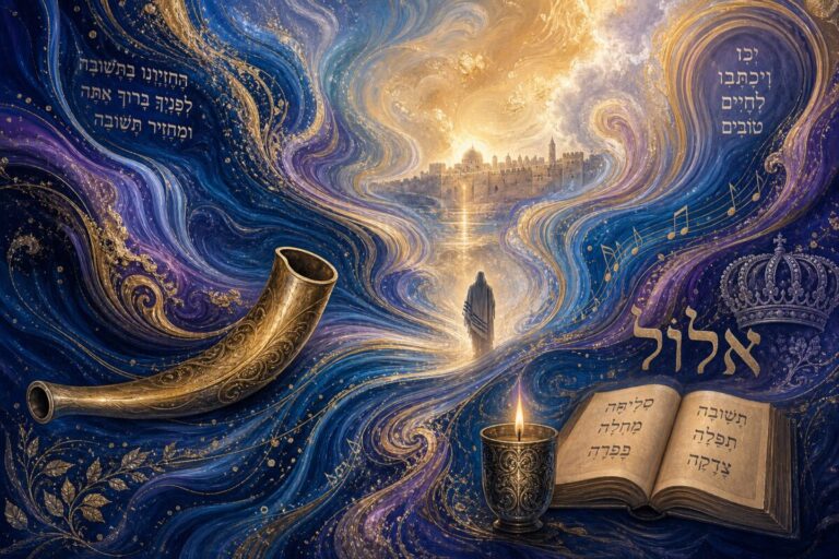 Abstract graphic art depicting the spiritual essence of Elul and the Days of Awe. Create an intricate design featuring swirling, ethereal waves of deep blues and purples intertwined with glimmers of gold and silver, evoking a sense of introspection and reverence. Incorporate soft gradients and fluid textures to evoke the solemn yet uplifting melodies associated with this time. The image should convey a timeless, contemplative atmosphere, capturing the soulful tradition of sacred music. Render in high definition with rich, immersive colors and delicate luminous accents that draw the viewer into the imagery's depth and emotion.