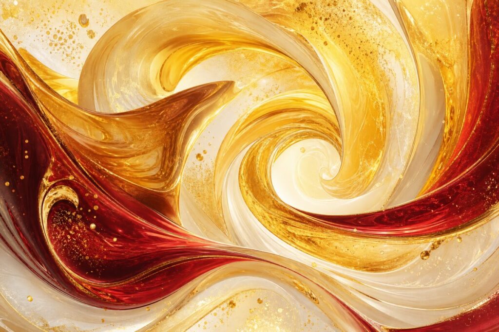 Create a high-definition abstract graphic art piece that captures the essence of a fresh, hopeful beginning typical of the Jewish New Year celebration. Use vibrant colors like gold, deep red, and pearly white to evoke the richness and sweetness associated with the holiday. Incorporate flowing shapes that intertwine and suggest the circular passage of time, resembling the smooth curves of a shofar intertwined with delicate honey-like swirls. The composition should convey a sense of joy, renewal, and good fortune, without any specific symbols or texts.