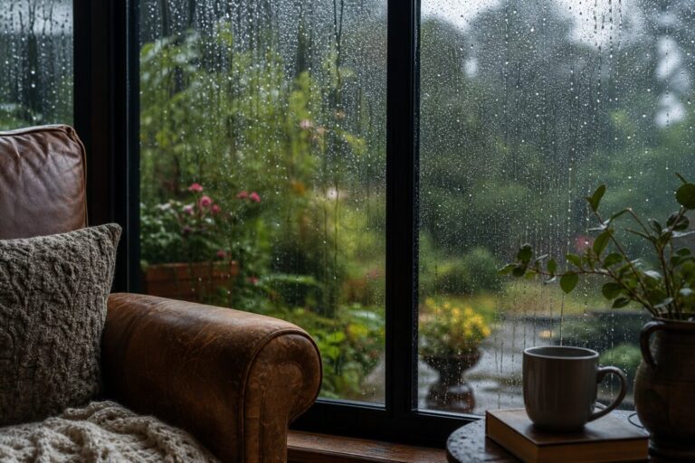Glistening raindrops gently fall against a windowpane, forming delicate patterns and tiny streams against the backdrop of a soft, overcast sky. Beyond the glass, hints of a lush garden blurred into hues of deep green and muted colors suggest a peaceful, nurturing environment. The inside remains partly visible, with the edge of a worn leather chair in the foreground conveying comfort and solace. The entire image exudes a warm, inviting atmosphere, evoking feelings of hope and tranquility within the soothing embrace of nature. High definition.